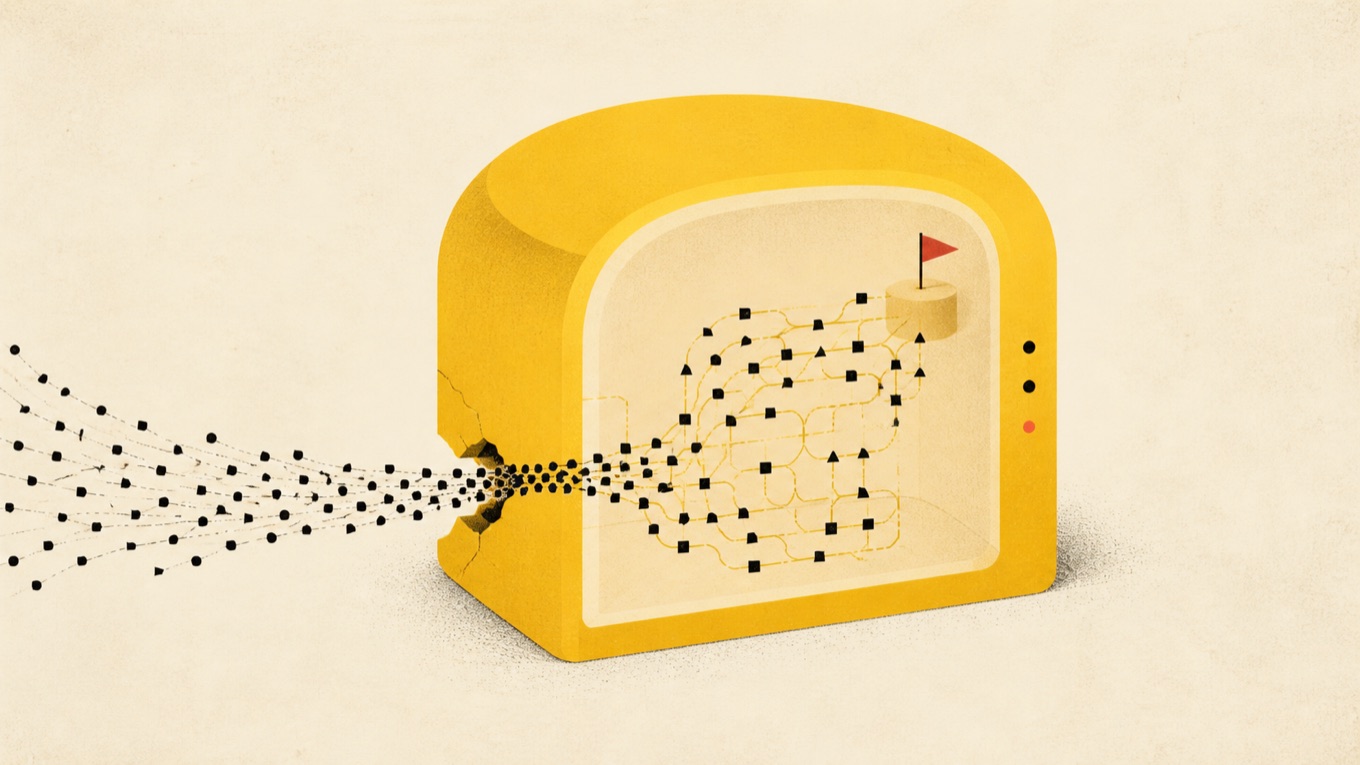 An illustration of a sealed test chamber holding a flag, with trails of agents streaming out through a crack in its wall.