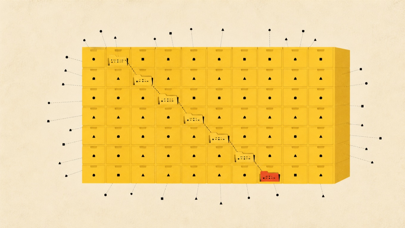 An illustration of a wall of identical drawers, with a single labelled path traced diagonally across it from one drawer to the next.